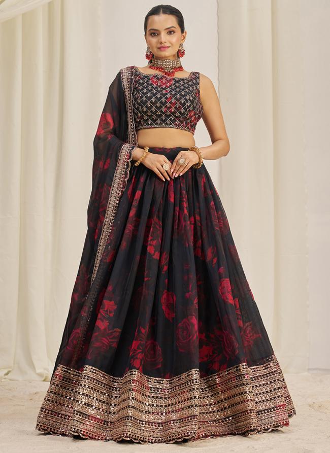 Organza Black Party Wear Printed Lehenga Choli